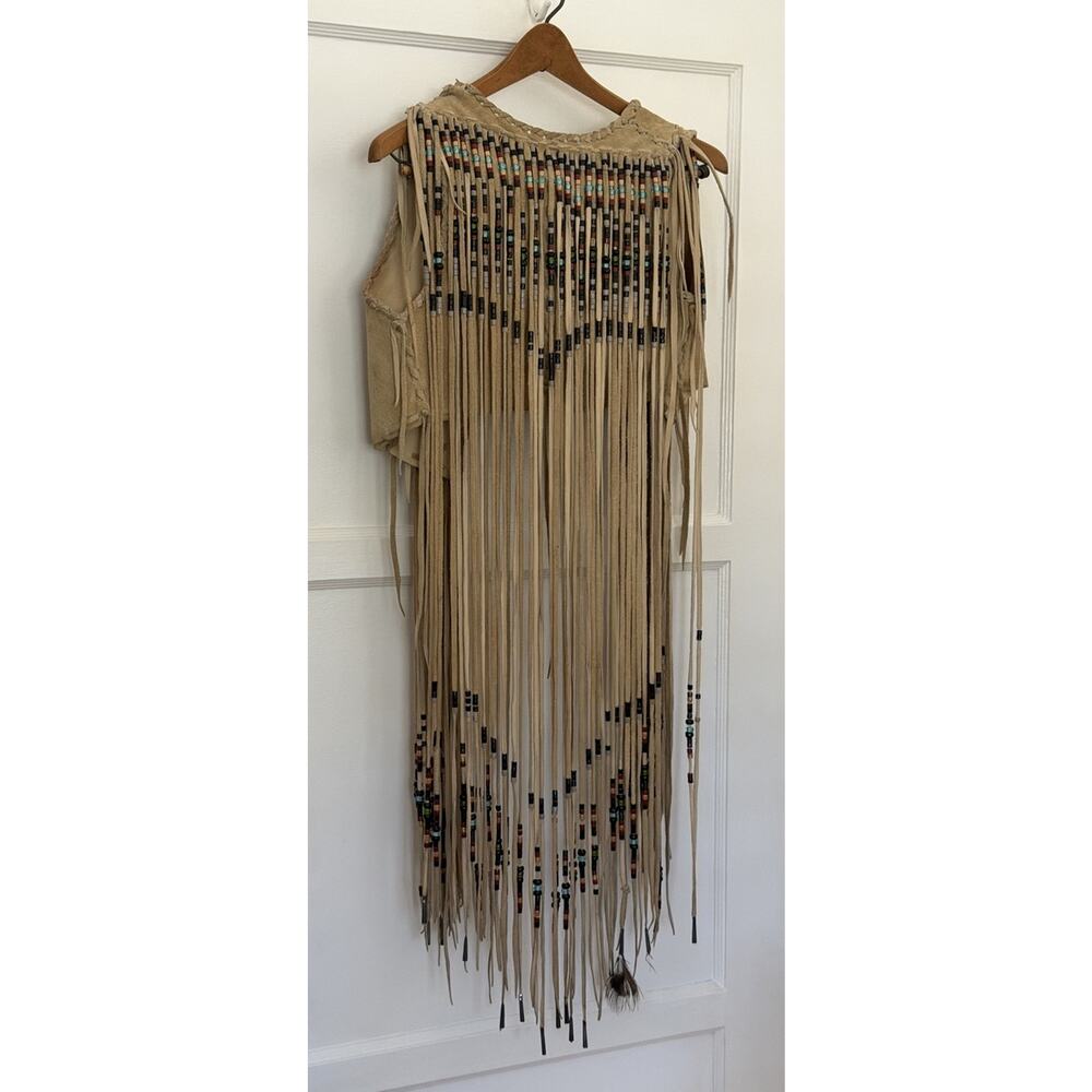 60s Beaded Native American‎ Vest Suede Leather Hippie Long Fringe VTG Festival